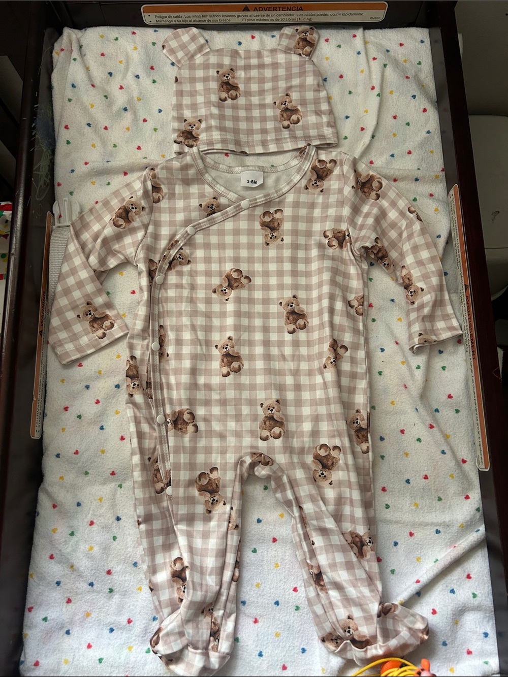 Soft Beige Gingham Teddy Baby One-Piece with Hat - Picture 1 of 7